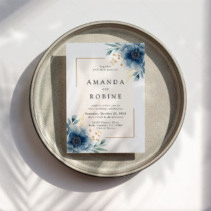 Convite Blue Floral Elegant Modern Wedding