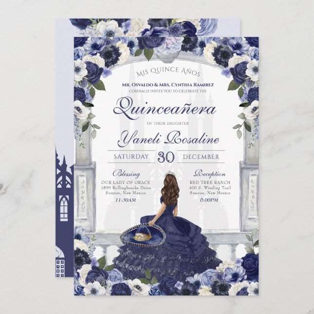 Convite Blue Floral Elegante Charro Princess Quinceanera (Frente/Verso)