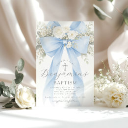 Convite Blue Floral Eucalyptus Bow Boy Baptism