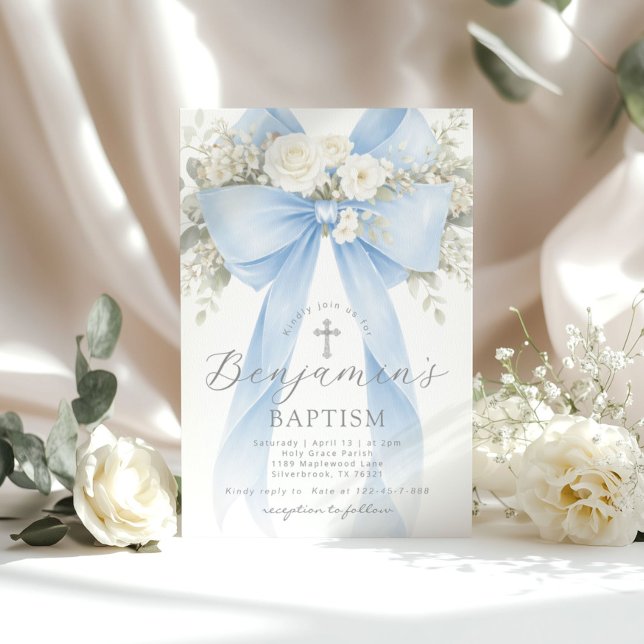 Convite Blue Floral Eucalyptus Bow Boy Baptism (Criador carregado)