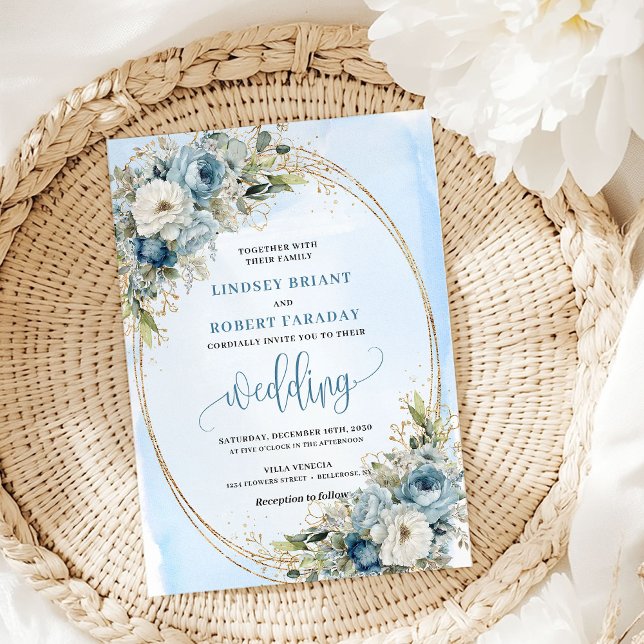Convite Blue Floral Eucalyptus Gold Glitter Wedding Invite (Blue Floral Eucalyptus Gold Glitter Wedding Invite)