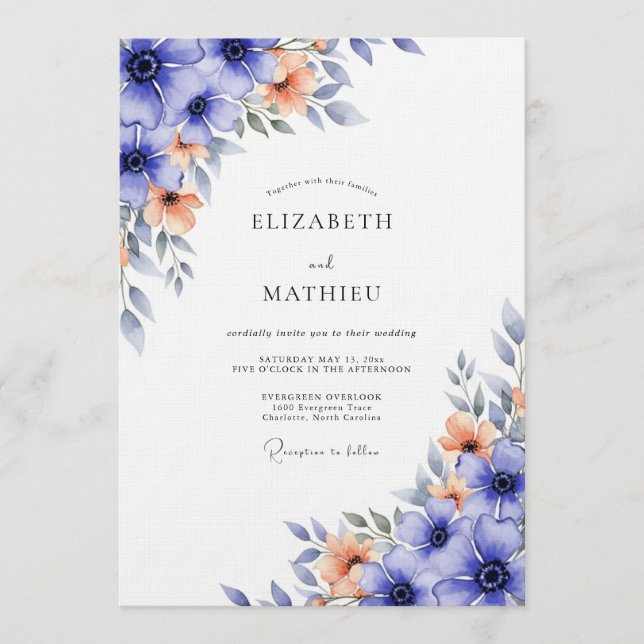 Convite Blue Floral Flourish Wedding (Frente)