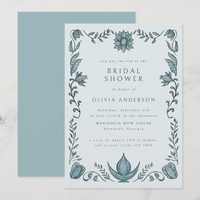 Convite Blue Floral Frame Spring Summer Bridal Shower (Frente/Verso)