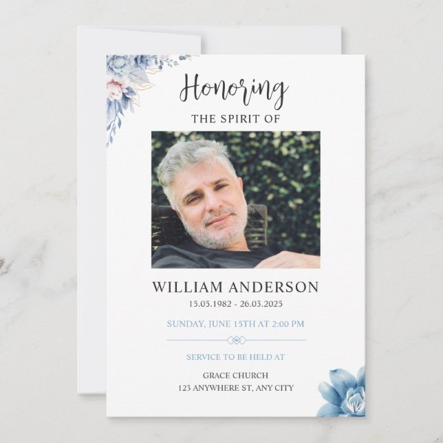 Convite Blue Floral Funeral Invitation Celebration of Life (Frente)