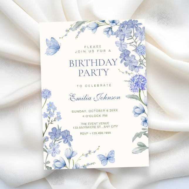 Convite Blue floral garden birthday (Criador carregado)