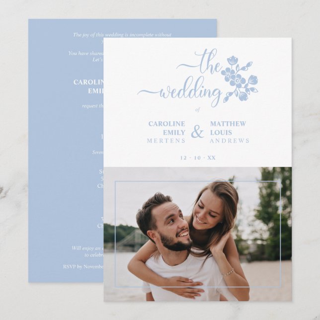 Convite Blue Floral Garland Photo Card Couple Wedding (Frente/Verso)