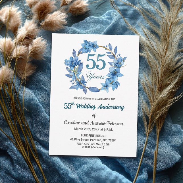Convite  Blue Floral Gold Frame 55th Wedding Anniversary  (Criador carregado)