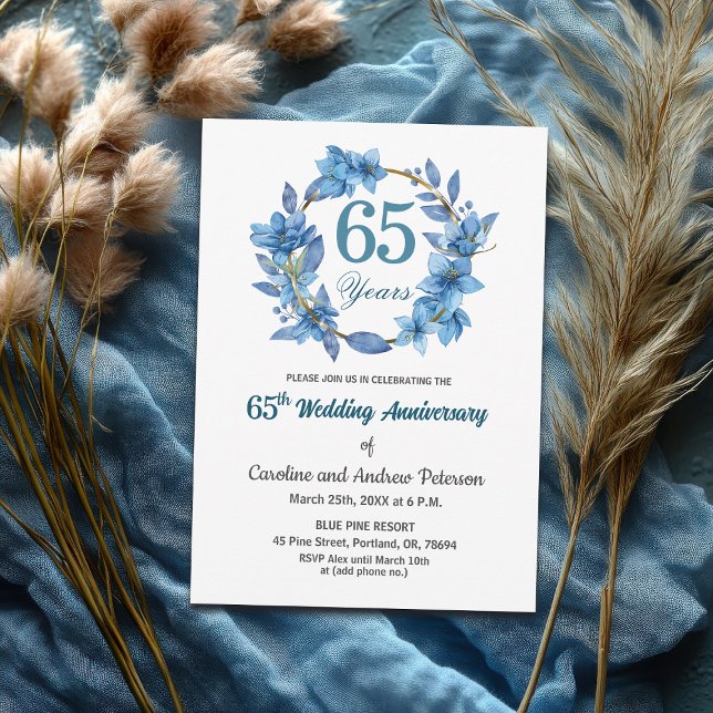 Convite  Blue Floral Gold Frame 65th Wedding Anniversary  (Criador carregado)