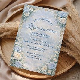Convite Blue Floral Gold Garden Quinceañera