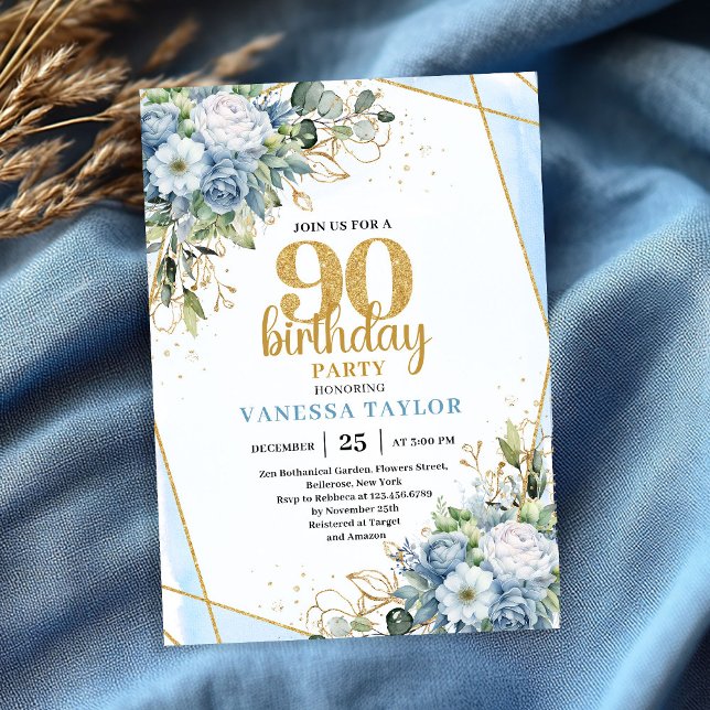 Convite Blue Floral Gold Glitter 90th Birthday Celebration (Blue Floral Gold Glitter 90th Birthday Celebration Invitation

)