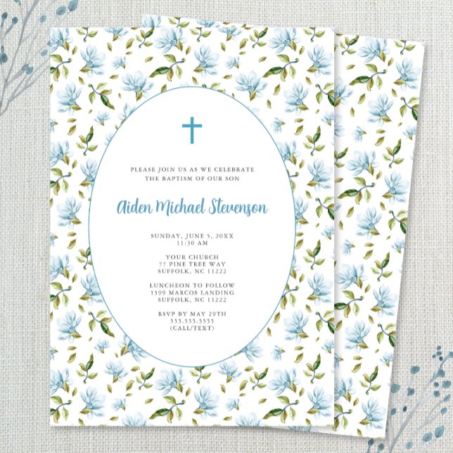 Convite Blue Floral Grandmillenial baptism invitation (Criador carregado)