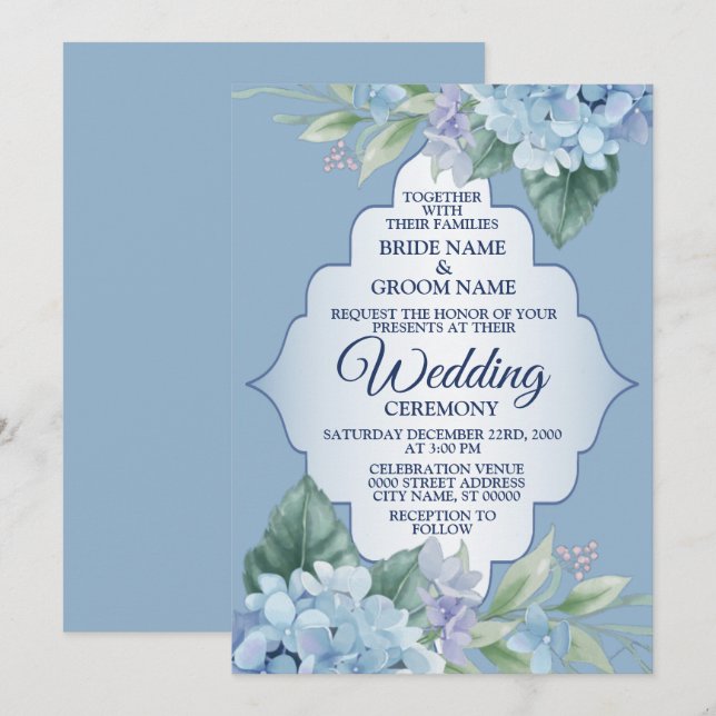 Convite Blue Floral Green Leaves Frame Elegant Wedding (Frente/Verso)