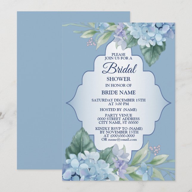 Convite Blue Floral Green Leaves Wedding Bridal Shower (Frente/Verso)