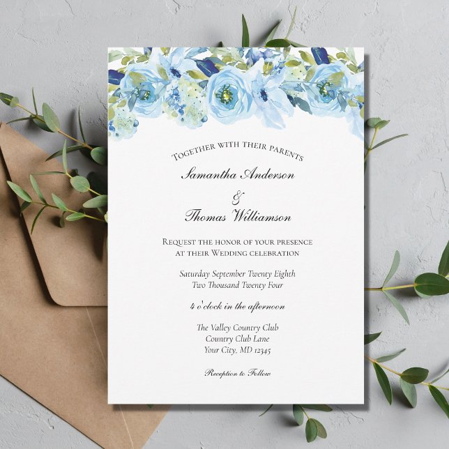 Convite Blue Floral Greenery Elegante Moderno Casamento (Criador carregado)