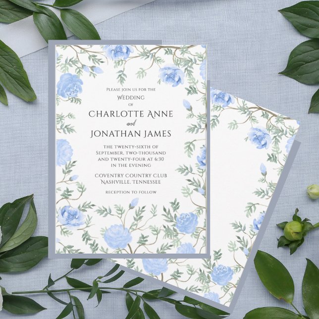 Convite Blue Floral Greenery Modern Watercolor Casamento (Criador carregado)