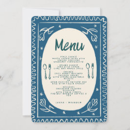 Convite Blue Floral Handwrite Modern Wedding Menu Invi