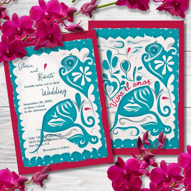 Convite Blue Floral Heart Papel Picado Casamento Mexicano (Criador carregado)