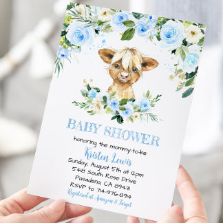Convite Blue Floral Highland Cow Chá de fraldas Invite