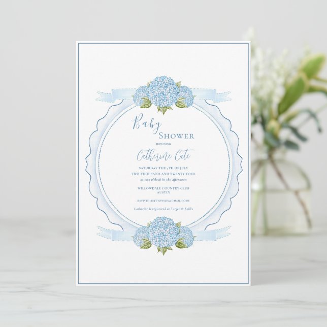 Convite Blue Floral Hydrangea Elegant Baby Shower  (Em pé/Frente)