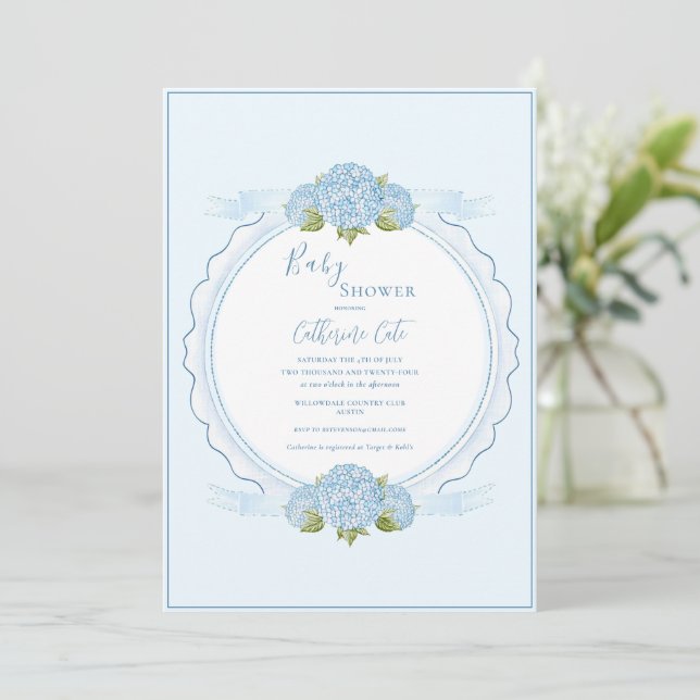 Convite Blue Floral Hydrangea Elegant Baby Shower  (Em pé/Frente)