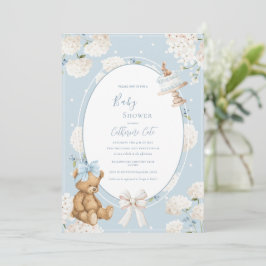 Convite Blue Floral Hydrangea Elegant Bear Baby Shower