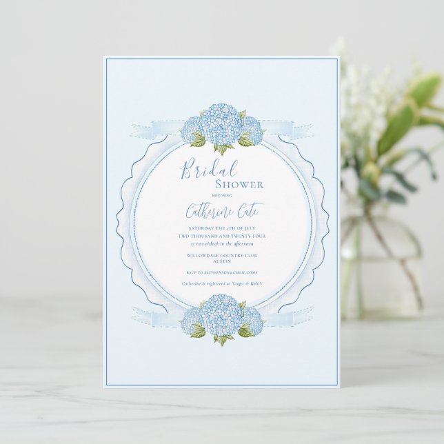 Convite Blue Floral Hydrangea Elegant Bridal Shower  (Em pé/Frente)