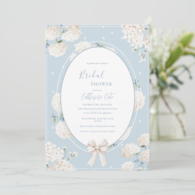 Convite Blue Floral Hydrangea Elegant Bridal Shower (Em pé/Frente)
