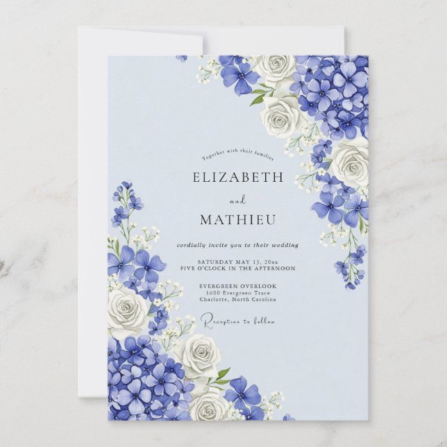 Convite Blue Floral Hydrangea Romance Wedding (Frente)