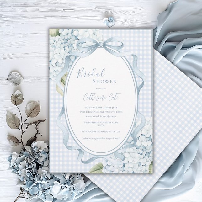 Convite Blue Floral Hydrangeas Gingham Whimsical Bridal (Criador carregado)