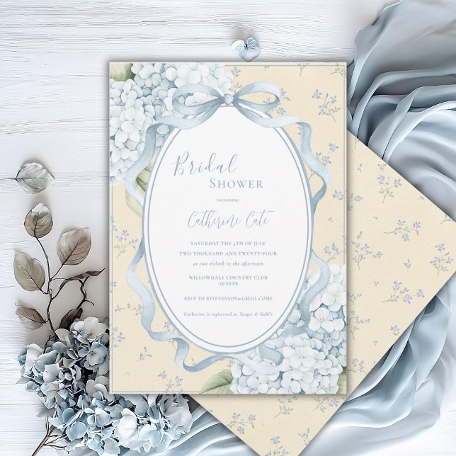 Convite Blue Floral Hydrangeas Yellow Whimsical Bridal (Criador carregado)