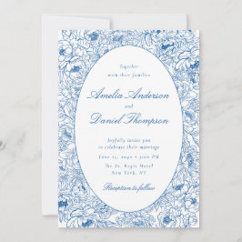 Convite Blue Floral Line Art Wedding Invitation