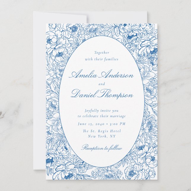 Convite Blue Floral Line Art Wedding Invitation (Frente)