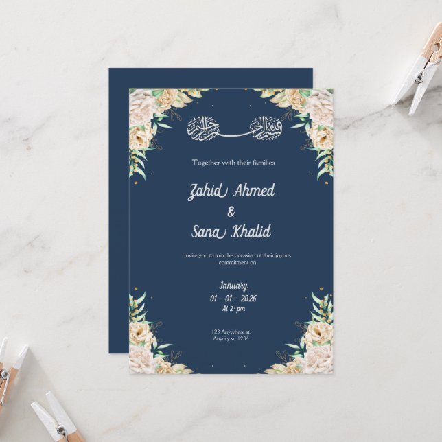 Convite Blue Floral muslim wedding invitation Editable  (Frente/Verso In Situ)