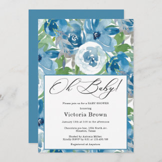 Convite Blue Floral Oh Baby Shower Invitation