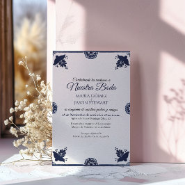 Convite Blue Floral Otomi Simple Fiesta Spanish Wedding