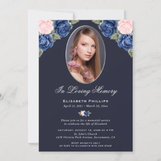 Convite Blue Floral Photo Memorial Service Funeral