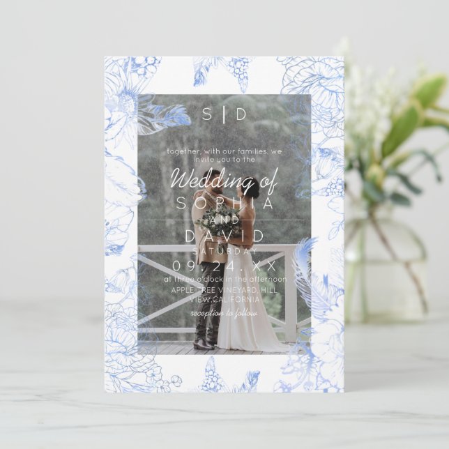 Convite Blue Floral Photo Modern Wedding  (Em pé/Frente)