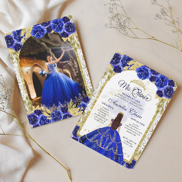 Convite Blue Floral Princess Dourado Arch Quinceanera Foto