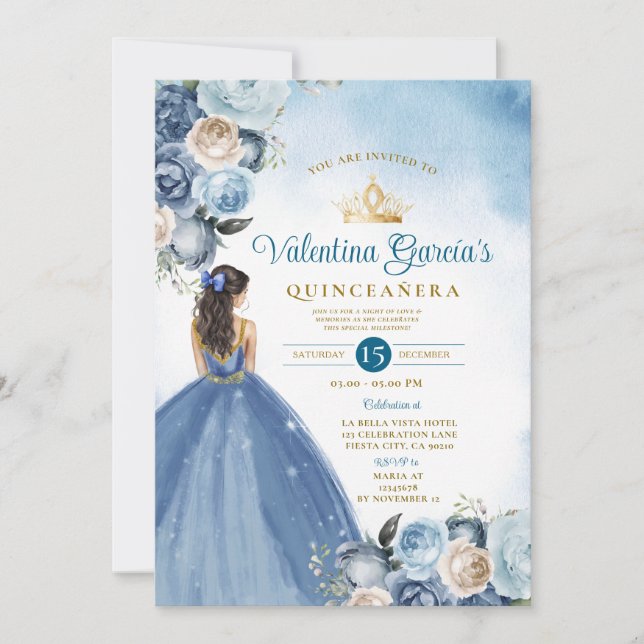 Convite Blue Floral Quinceañera 15 Anos Dourada Coroa Glit (Frente)