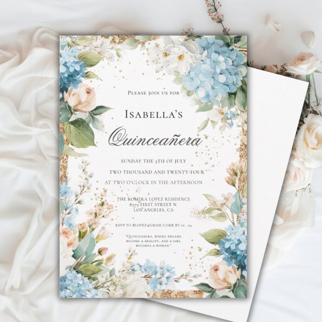 Convite Blue Floral Quinceañera Elegant Celebration 15 (Criador carregado)