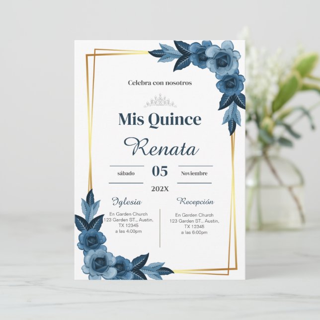 Convite Blue Floral Quinceañera Spanish  (Em pé/Frente)