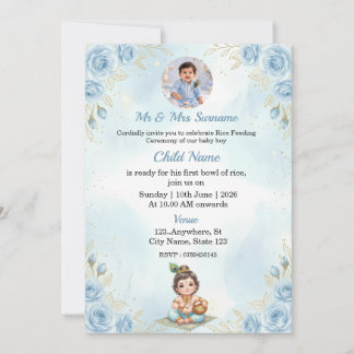 Convite Blue Floral Rice Feeding Ceremony Invitation
