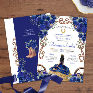 Convite Blue Floral Rustic Charro Western Quinceañera