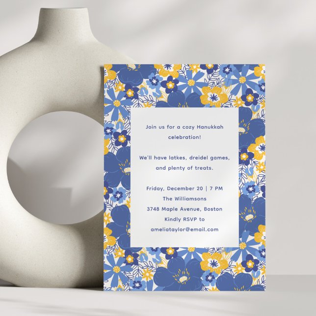 Convite Blue Floral Simple Festive Family Hanukkah Party (Criador carregado)