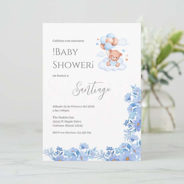 Convite Blue floral Spanish Baby Shower Boy invitation (Em pé/Frente)