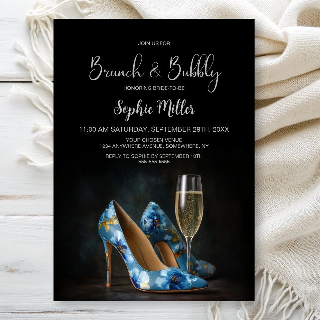Convite Blue Floral Stiletto Shoes Brunch and Bubbly (Criador carregado)
