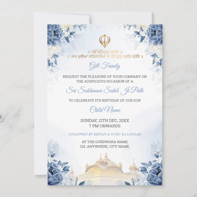 Convite Blue Floral Sukhmani Sahib Path Birthday Invite (Frente)