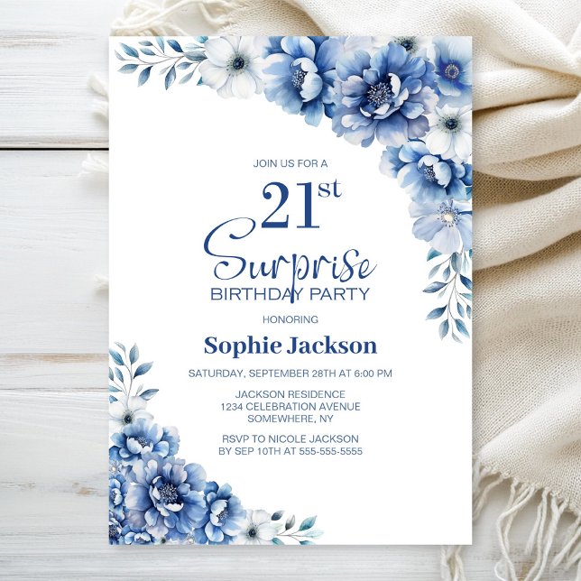 Convite Blue Floral Surprise aniversário de 21 anos (Criador carregado)