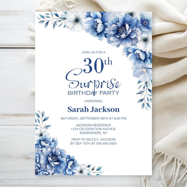 Convite Blue Floral Surprise aniversário de 30 anos (Criador carregado)