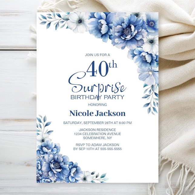 Convite Blue Floral Surprise aniversário de 40 anos (Criador carregado)